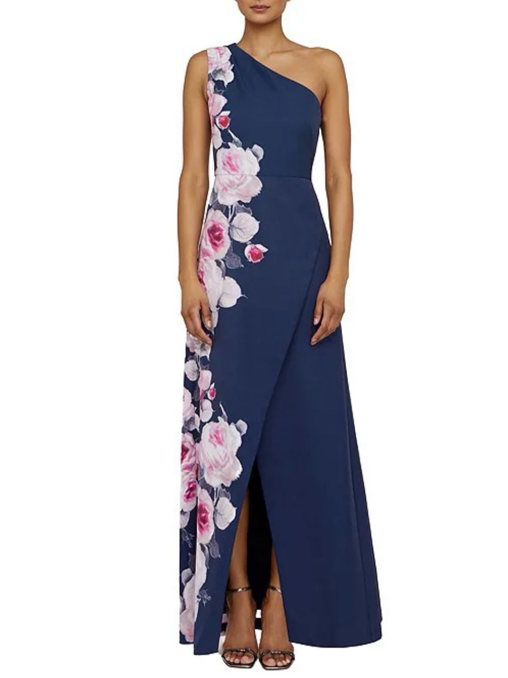 new Kay Unger Carissa floral one shoulder gown in deep navy blue and pink
